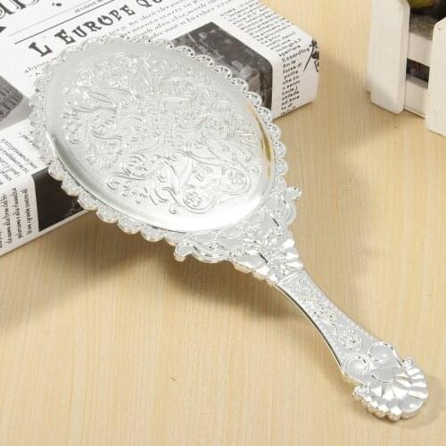 Silver Vintage Handle Makeup Mirrors Floral Repousse Oval Round Makeup Hand Mirror Women Lady Makeup Beauty Dresser Tool
