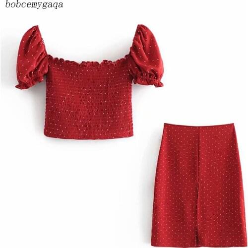 Vintage polka dot red set women elastic blouse mini skirt summer beach set high waist skirt short sleeve blouse crop top