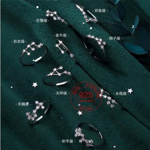 Women 12 Constellation CZ Leo Aquarius Cancer Libra Virgo Open Ring Fashion Jewelry 925 Sterling Silver Finger Rings Best Gift