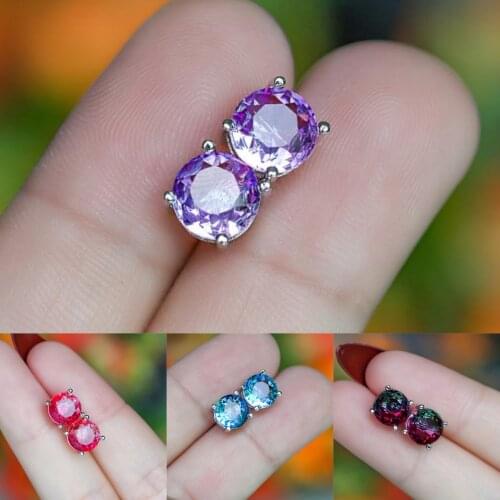 Female Multicolor Round Stud Earrings For Women Silver Color White Red Pink Purple Zircon Mystic Fire Earrings Wedding Studs