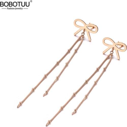 BOBOTUU Original Design Titanium Steel Long Tassel Dangle Earrings Bohemia Bowknot & Chain Drop Earrings For Women Girls BE19156
