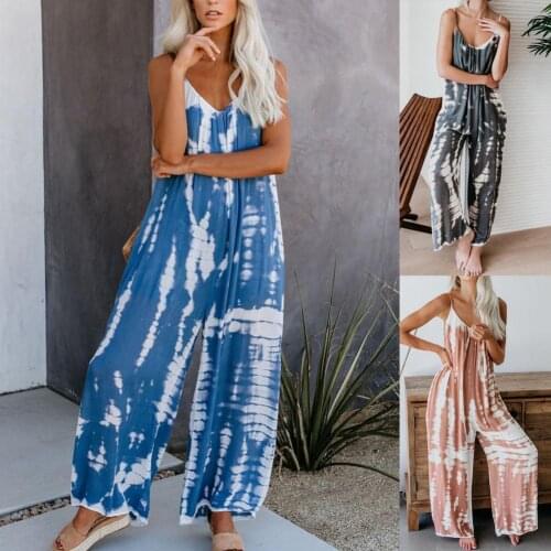 Women Casual Jumpsuit Breathable Tie Dye Wide Leg V Neck Long Length Sling Backless Romper Wide Leg Loose Ladies Overalls