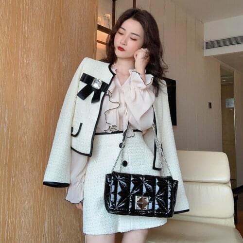 2021 Autumn Winter Fashion Tweed Wool Two Pieces Set Women Long Sleeve Bow Short Jacket Coat + High-Waist A-Line Skirt Sets