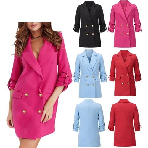 2021 womens solid color lapel dress double-breasted mid-length pocket suit jacket office OL temperament elegant suit jacket New