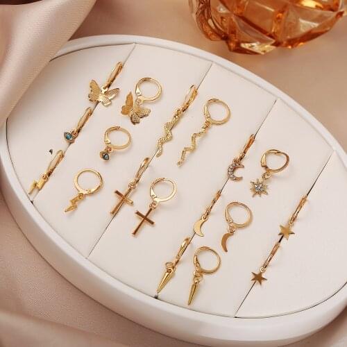 2021 Luxury Evil Eye Butterfly Snake Piercing Earrings Set Crystal Star Moon Hoop Earrings for Women Girls