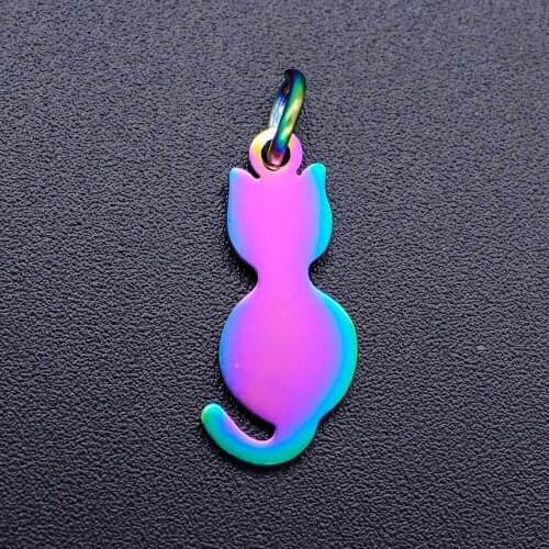 5pcs/lot 100% Stainless Steel 8x21 Cat diy Charms With Rainbow Plated Wholesale Charm for Necklace For Earring Making