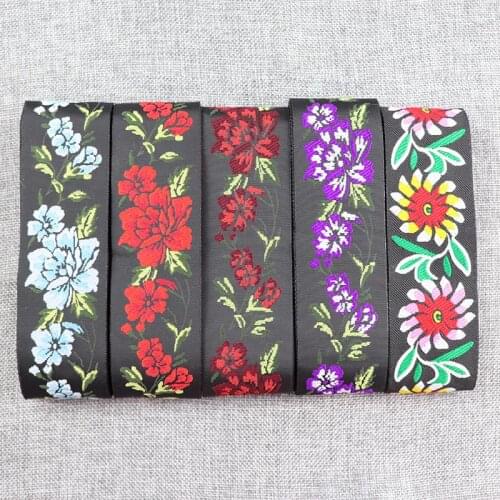 7 Yards 5CM Red Purple Flowers Ethnic Embroidered Jacquard Ribbons Trim Lace Fabric DIY Handcraft Apparel Bag Curtain Decoration