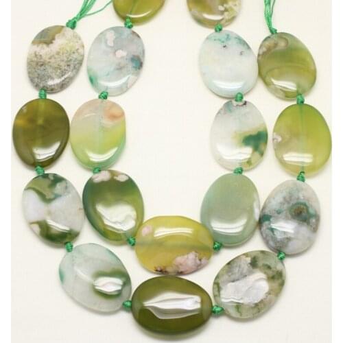 9PCS,Olive Green Cherry Blossom Aga te Oval Slab Bead,Polished Sakura Agates Spacer Slice Loose Pendant Necklace Making,30x40mm