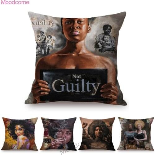 African Anti-Racist Black Woman Letter Poster Vintage Art Sofa Throw Pillow Cover Africa Lady Oil Painting Linen Cushion Cover