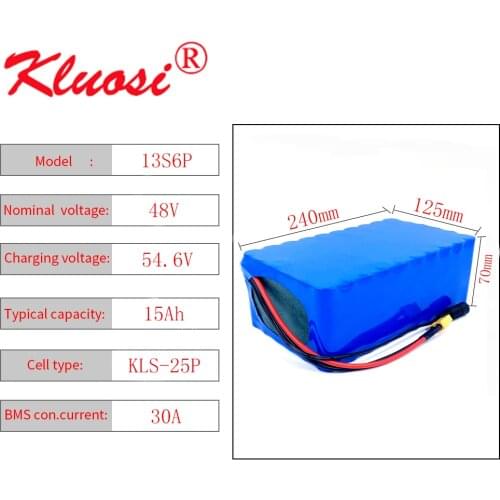 KLUOSI 13S6P 48V 15Ah 1200W 48V Battery 54.6V Li-ion Battery Pack with 30A BMS for Motor Electric Scooter Vehicle Ebike Bicycle