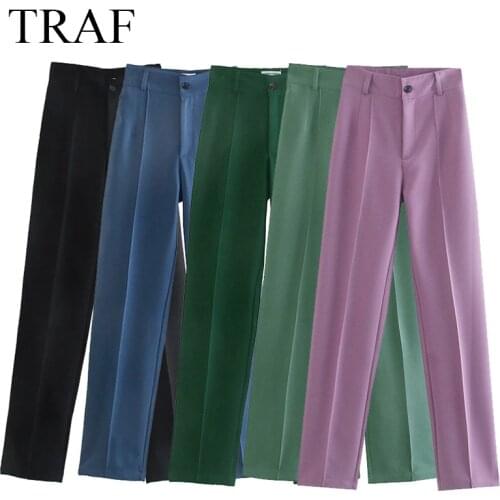 TRAF ZA Women Pants Chic Fashion Elegant Office Commute Daily Wear Straight Pants Vintage High Waist Zipper Fly Female Trousers