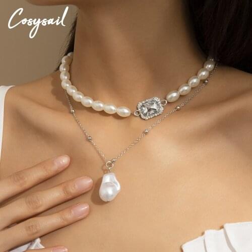 Cosysail 2Pcs/Set Baroque Imitation Pearls Choker Necklace Set Shiny Square Rhinestone Pendant Necklace Party Jewelry for Women