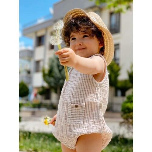 Baby %100 cotton Short-Sleeve Bodysuit , Striped Muslin Bodysuits with Pockets for Girls and Boys