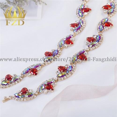 FZD 1 Yard Handmade Hot fix Sew on Beaded Crystal Bridal Applique Rhinestones Decorative Trim for Bridal Dress Sash or Headband