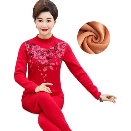 Top selling product Women Thermal Underwear Middle age clothing Sweater 2 Piece Set Autumn / Winter Plus Cashmere Diamond 394