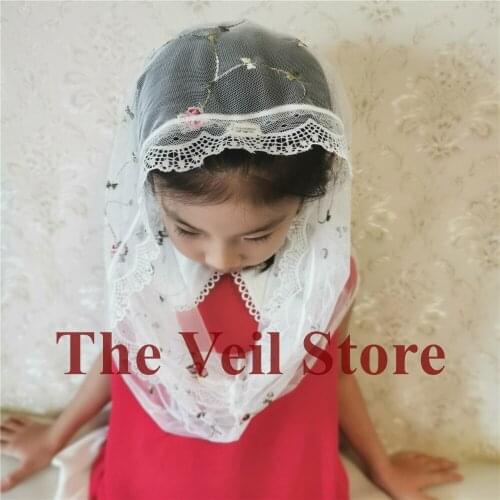 Girls Floral Lace Round Mantilla Veils for Church Catholic White Black Headwrap Cover Latin Mass Mantilla Velo Voile Mantille