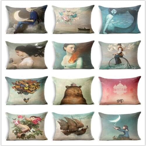 Christian Style Linen Pillow Case Animal Flower Moon Cushion Cover Sailing Mermaid for Sofa Home Decorative Throw Pillow Cover