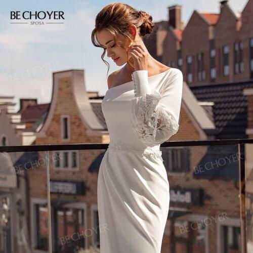 Fashion Satin Wedding Dress Appliques Beaded One Shoulder Mermaid Bride Gown Court Train BECHOYER SN07 Princess Vestido De Noiva