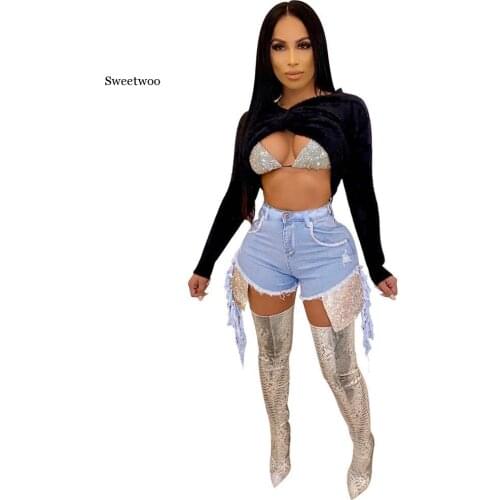 Fashionable Ripped Holes Girls Jeans Shorts Bling Sequins Tassels Sexy Straight Washed Denim Shorts Nightclub Streetwear 2020