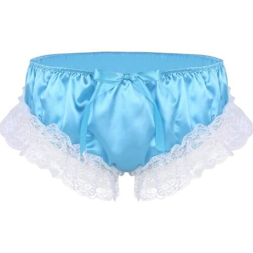 Mens Wetlook Hot Panties Underwear Shiny Soft Ruffled Floral Lace Satin Lingerie Underpants Low Rise Stretchy Sissy Bikini Brief
