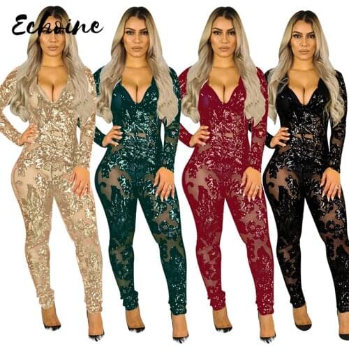 See Through Black Sequin Jumpsuit Women Long Sleeve Sparkly Bodycon Jumpsuits Sexy Rompers Glitter Club Party Jumpsuits Overalls