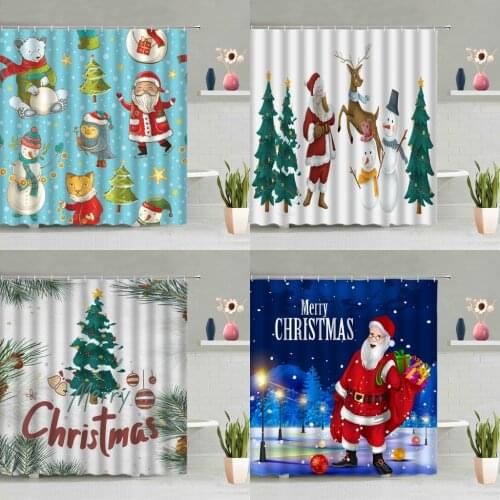 Christmas Shower CurtainSanta Claus Christmas Tree Elk Snowman Cartoon Animals Party Background Decor Bathtub Screen Washable