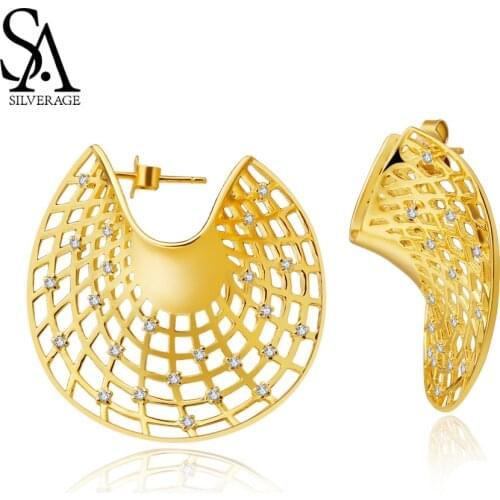 SA SILVERAGE 14K Yellow Gold Plated Sector Stud Earrings for Women AAA Zirconia Earrings Fashion Jewelry Earrings Big Earrings