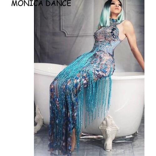 Sexy Crystals Rhinestone Party Long Dress Women Sleeveless Tassel Nightclub Dress Blue Sexy Jazz Singer Dancer Stage Dress
