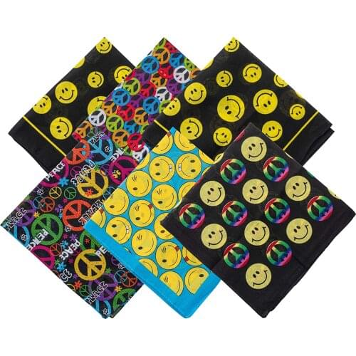 Free Shipping 2021 New Fashion Yellow Face Smile and Peace Bandanas Headwear Scarf Square Scarves For Women/Men/kids