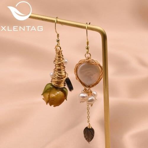 XlentAg Natural Fresh Water Pearl Really Flower Handmade Asymmetric Dangle Earring For Women Drop Earrings Luxury Jewelry GE0593