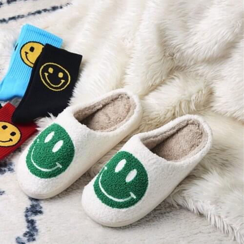 VIP New Retro Winter Slipper for Women Fluffy Fur Slipper Shoe of Short Plush Happy Smile Face Flats High Quality Version