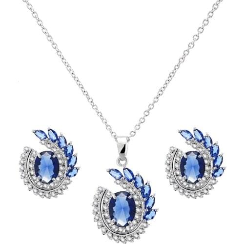 Classic Leaf Shape Green Cubic Zirconia Trendy Pendant Necklace and Earring Jewelry Sets for Ladies Fashion Gift