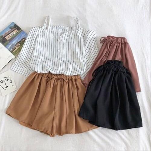 Korean Chiffon Two Piece Set For Women Short Sleeve striped Blouse + High Waist Drawstring Shorts Female Suit 2021 Summer New