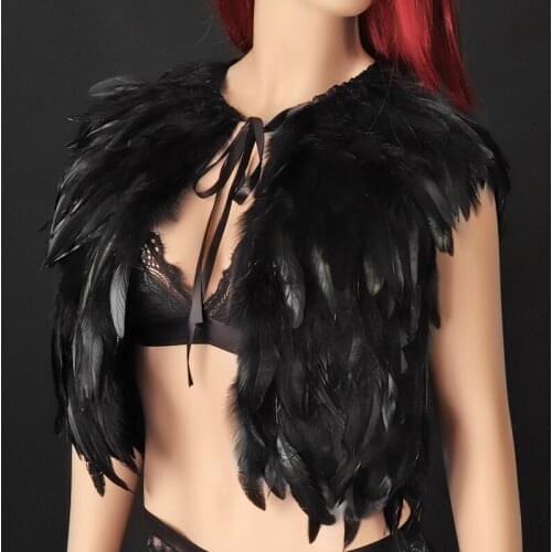 Women Black Natural Feathers Harness Tops Punk Sexy Sleeveless Vest Gothic Waistcoat Festive Carnival Clothing Wear