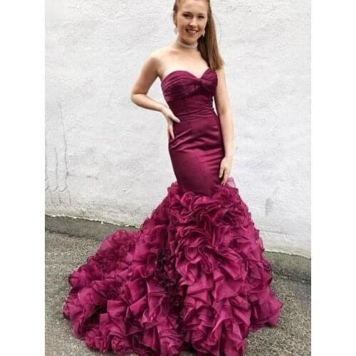 2021 Burgundy Mermaid Prom Dresses Strapless Puffy Long Satin Formal Evening Party Gowns Robe De Soiree