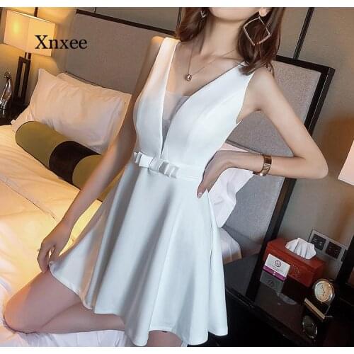 Korean Nightclub Sexy Fashion Deep V Topless Low-Cut Female Dress Zippers Knee-Length Regular V-Neck Sleeveless Clothing