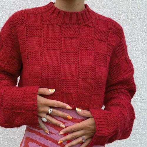 2000s Fashiond Basic Plaid Oversize Pullovers Y2K Vintage Streetwear Turtleneck Long Sleeve Cropped Red Sweaters Baggy