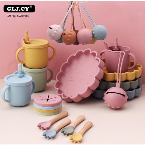 6PCS/Set Baby Plates Bowl Set Food Grade Silicone Kitchenware Suction Childrens Tableware Silicone Compartment Baby Dishes