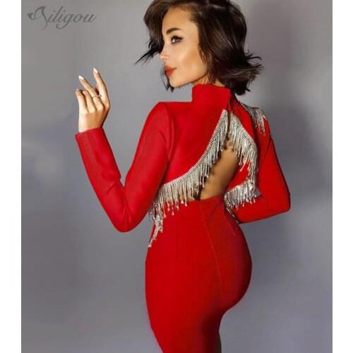 Ailigou High Quality Red Black Sexy Fashion Sparkly Backless Diamonds Tassel Rayon Bandage Dress Cocktail Party Dress Vestidos