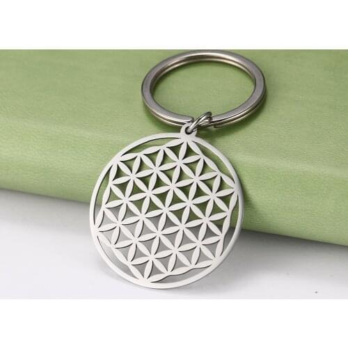 LIKGREAT Fashion Stainless Steel Key Chain Women Hollow Plant Flower of Life Cut Off Pendant Keyring Accessories