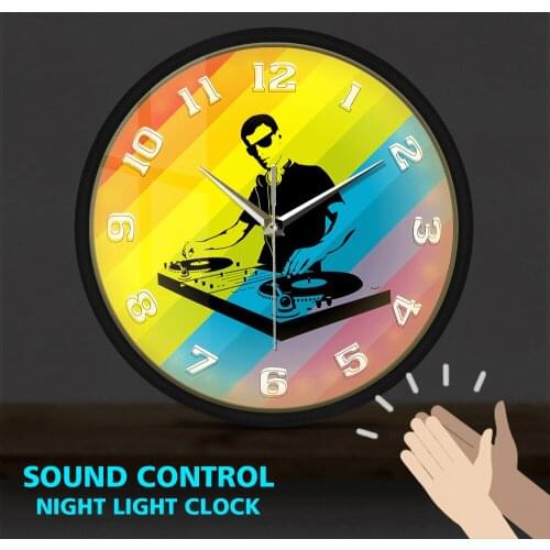 DJ LED Luminous Wall Clock Sound Control Atomsphere Lighting Watch Metal Frame Turntable Mixer Record Music Gift Night Club Deco