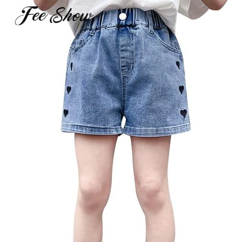 New Summer Fashion Girls Denim Shorts Summer High Waist Elastic Waistband Love Embroidery Jean Shorts For Teen Girls Clothing