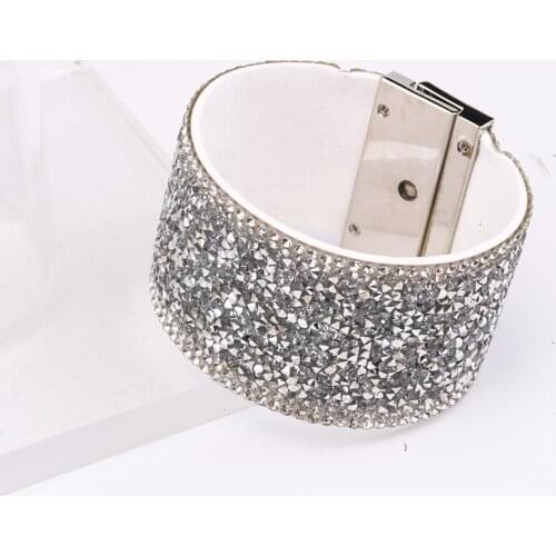 European And American Fashion Exaggerated Hot Rhinestone Wide-Faced Leather Lock Bracelet