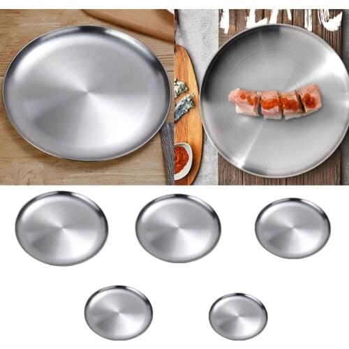 Round Stainless Steel Flat Dish Dinner BBQ Serving Plate Snack Platter Dish