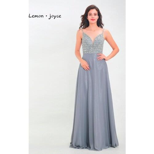 Lemon joyce Formal Evening Dresses 2020 Sexy V neck Backless Beading Chiffon Floor Length Party Gowns Plus Size