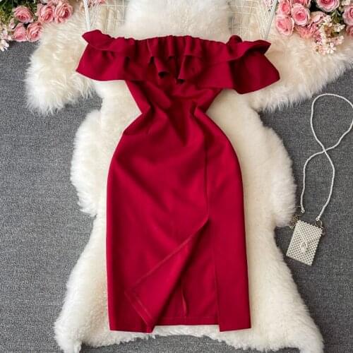 One-shoulder annual party evening dress, female banquet temperament, summer new ladies, waist and thin, split hip dress