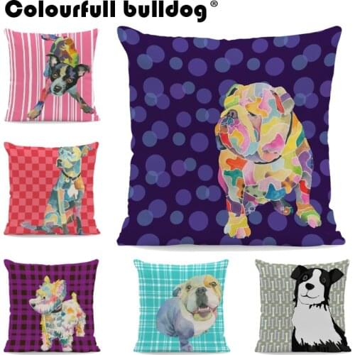 Oil Painting Cartoon English Bulldog Throw Cushion Zigzag Plaid Cover Pillow Schnauzer Husky Velvet Cushion Cover Decorate Home