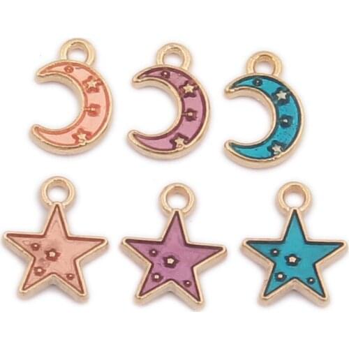 Mini Order Charms Gold Tone Plated Oil Drop Enamel Moon Star Kawaii DIY Jewelry Bracelet Necklace Earring Pendants 10pcs