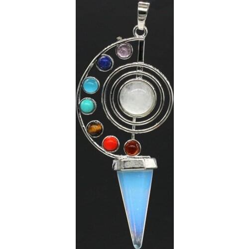 Trendy-beads Silver Plated Spiral with Round Beads Opalite Opal Hexagon Pyramid Pendant Meditation Chakra Jewelry