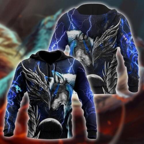 Blue dragon and wolf 3D Printed Fashion Mens Autumn Hoodies Sweatshirt Unisex Streetwear Casual Zip Jacket Pullover KJ495